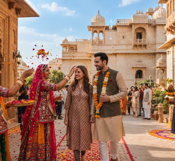 Travelers walking near a Rajasthan fort at golden hour