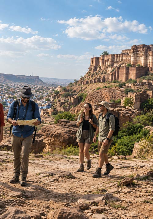 Mihir Travels driver and guests walking near a fort